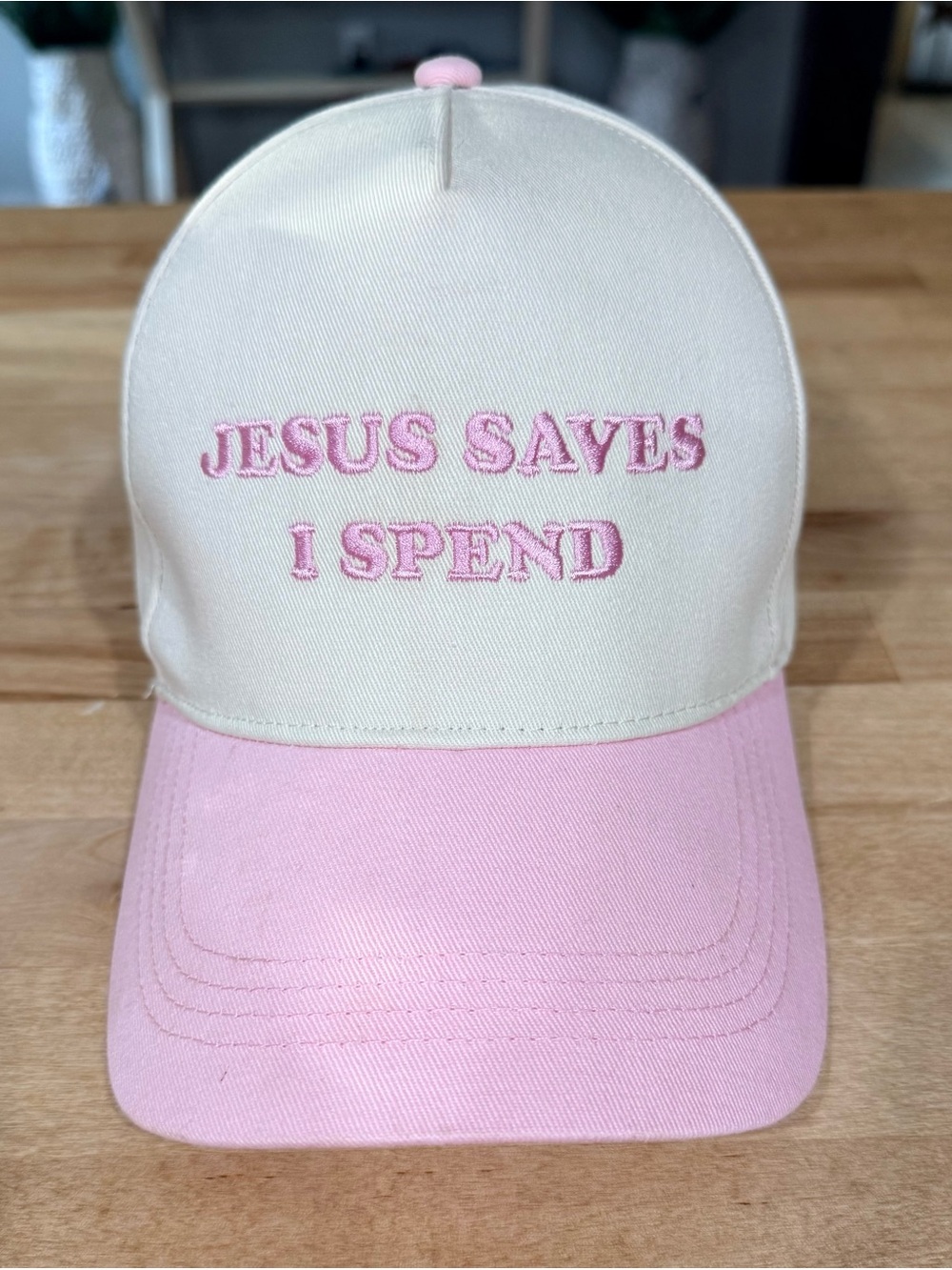 Cream and Pink 'Jesus Saves I Spend' Embroidered trucker hat